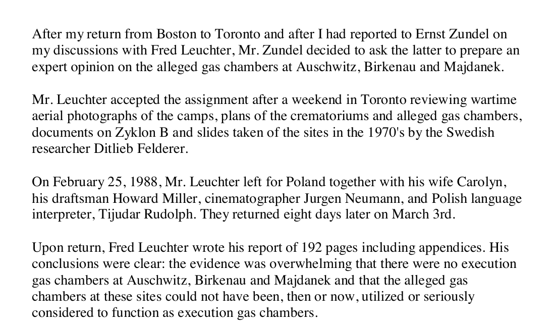 The foreword records the commission, the materials reviewed, the trip, and then says that Leuchter wrote the report after returning.