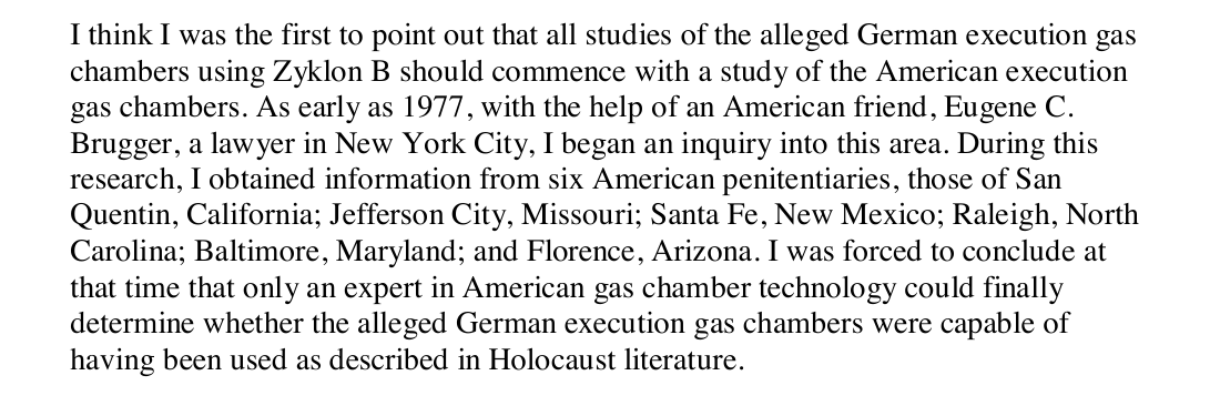 Faurisson says that, from 1977, he had insisted that the inquiry begin with American execution gas chambers.