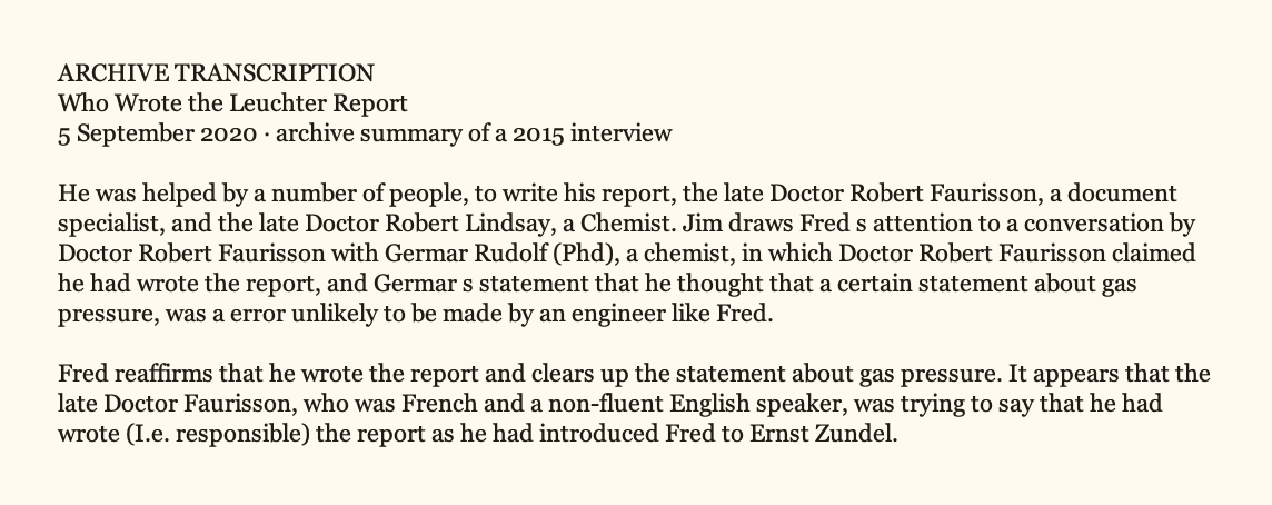 Archive transcription excerpt, rasterized verbatim from a partisan archive's summary of a 2015 interview. The summary says others helped and that Leuchter reaffirmed authorship.