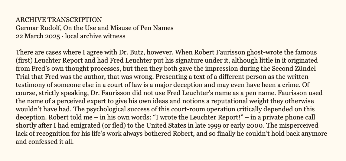 Archive transcription excerpt, rasterized verbatim from the local text witness. Rudolf alleges that Faurisson claimed authorship during a private call in late 1999 or early 2000.