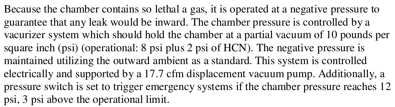 The report specifies negative pressure, a vacuum pump, and pressure controls for the American chamber.